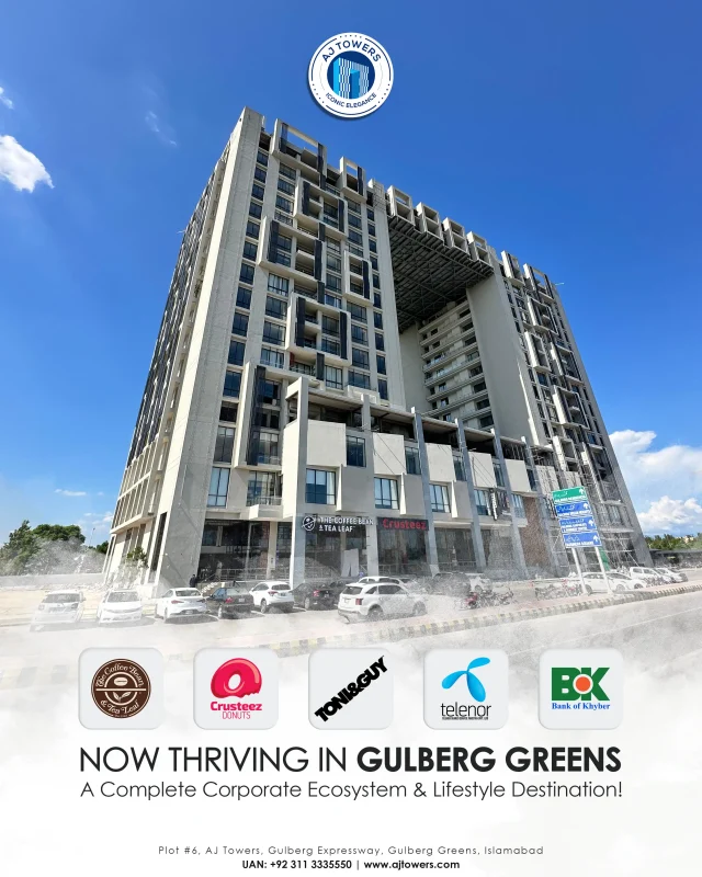 BRANDS ON BOARD AT AJ TOWERS COFFEE BEAN AND TEA LEAF TELENOR TONI AND GUY CRUSTEEZ BANK OF KHYBER GULBERG GREENS ISLAMABAD LIFE MODERN DESIGN NEW FOOD HUB